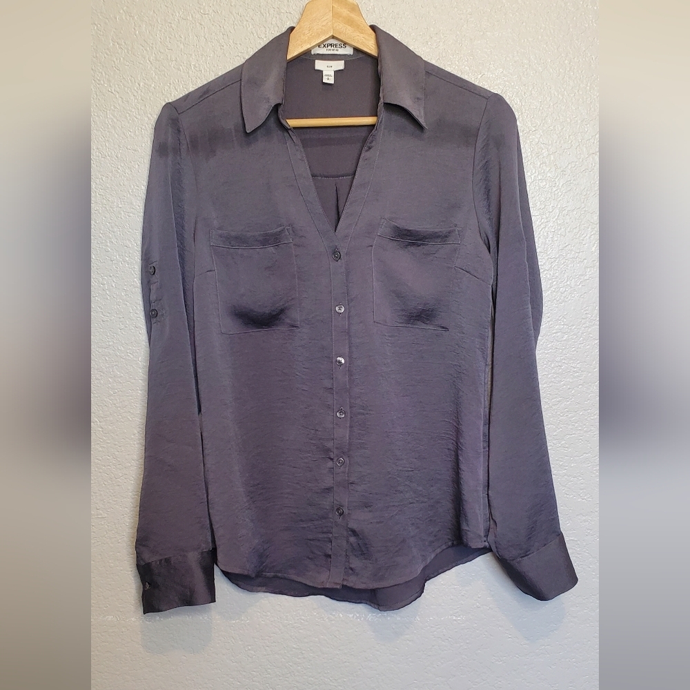 Express The Portofino Shirt Slim Fit Gun Metal Gray Crepe Button-Up Blouse Small - Picture 5 of 5